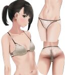  1girl ass asymmetrical_hair bare_arms black_hair blush bra breasts brown_eyes collarbone ear_piercing flat_chest floral_print groin highres lace lace-trimmed_bra lace_panties lace_trim looking_at_viewer mole multiple_views navel original panties piercing ponytail simple_background small_breasts smile tama_(seiga46239239) underwear underwear_only white_background white_bra 
