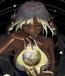  1girl absurdres breasts commentary dark-skinned_female dark_skin deuljjugnaljjug earth_(planet) giant giantess highres hololive hololive_english large_breasts long_hair low_twintails planet planet_hair_ornament sideboob solo space symbol-only_commentary tsukumo_sana twintails upper_body virtual_youtuber white_hair yellow_eyes 