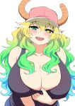  1girl bad_link baseball_cap blonde_hair blush breasts cleavage clothes_pull denim denim_shorts dragon_girl dragon_horns gradient_eyes gradient_hair hat heterochromia highres horns horns_through_headwear huge_breasts kobayashi-san_chi_no_maidragon large_breasts long_hair lucoa_(maidragon) mamiyama multicolored multicolored_eyes multicolored_hair open_mouth shirt_pull shorts slit_pupils tank_top unusually_open_eyes wavy_hair 