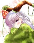  1girl asa_(1asa-0-asa1) bandage_over_one_eye bandages bangs blush fate/extra fate/extra_ccc fate/extra_ccc_fox_tail fate/grand_order fate_(series) giant giantess horns kingprotea_(fate) long_hair looking_at_viewer moss purple_eyes purple_hair smile solo very_long_hair 