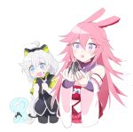  2girls :d :o animal_ears antenna_hair bangs bare_shoulders black_jacket blue_eyes braid braided_ponytail food food_on_face fox_ears hair_between_eyes headband holding holding_food honkai_(series) honkai_impact_3rd jacket jin2 kallen_kaslana kallen_kaslana_(ritual_imayoh) looking_at_food multiple_girls open_mouth pink_hair pink_skirt purple_eyes short_sleeves simple_background skirt smile sparkle white_background white_hair yae_sakura yae_sakura_(gyakushinn_miko) 