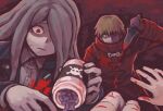  1boy 2girls andou_ruruka blonde_hair blood bottle coat commentary_request danganronpa_(series) danganronpa_3_(anime) female_pov hair_over_one_eye izayoi_sounosuke jacket kimura_seiko knife leather leather_jacket long_coat long_hair multiple_girls namu_(nurui_cha) pale_skin pill pov red_eyes spoilers stab 