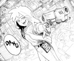  1girl :d aiming_at_viewer belt bright_pupils commentary dutch_angle english_commentary greyscale gun holding holding_gun holding_weapon jacket jitome long_hair looking_at_viewer monochrome open_clothes open_jacket open_mouth original pants smile solo standing weapon white_pupils y_naf 