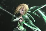  1girl akatsuki_kirika ass black_background blaze_pso2 blonde_hair blood blush closed_mouth determined elbow_gloves gloves green_eyes green_gloves green_skirt highres looking_at_viewer miniskirt scythe senki_zesshou_symphogear shiny shiny_hair short_hair simple_background skirt solo upper_body weapon 