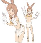  1girl :d =) animal_ears apron bare_shoulders bikini breasts brown_eyes brown_hair cropped_legs eyebrows_visible_through_hair fang frilled_apron frills hand_puppet highres looking_at_viewer low_twintails medium_hair multiple_views navel open_mouth orange_bikini original puppet rabbit_ears rabbit_girl saiste short_twintails simple_background skin_fang small_breasts smile swimsuit twintails waist_apron white_apron white_background |_| 