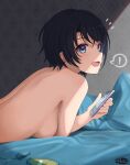  ! 1girl absurdres back bed_sheet blue_eyes breasts commentary ears from_behind highres holding holding_phone hololive looking_at_viewer lying medium_breasts nude on_bed on_stomach oozora_subaru phone pillow short_hair sideboob smile solo spoken_exclamation_mark stopwatch sunlight tihirowo virtual_youtuber watch whistle 