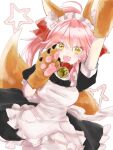  1girl animal_ear_fluff animal_ears apron asa_(1asa-0-asa1) bangs bell black_dress blush bow breasts collar dress fangs fate/extra fate/grand_order fate_(series) fox_ears fox_girl fox_tail frills hair_between_eyes hair_bow jingle_bell large_breasts long_hair looking_at_viewer neck_bell open_mouth pink_hair ponytail puffy_short_sleeves puffy_sleeves red_bow short_sleeves sidelocks smile solo tail tamamo_(fate) tamamo_cat_(fate) thighhighs white_apron white_legwear yellow_eyes 