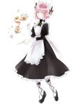  1girl absurdres alternate_costume apron aqua_eyes asa_(1asa-0-asa1) bangs black_dress breasts circe_(fate) cup dress enmaided fate/grand_order fate_(series) frilled_apron frills highres jewelry juliet_sleeves long_sleeves looking_at_viewer maid maid_headdress necklace pink_hair pointy_ears pouring puffy_sleeves saucer short_hair sidelocks small_breasts smile tea teacup teapot white_apron 