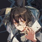  1boy aluce animal_ears arknights artist_name ayerscarpe_(arknights) bandaid black_hair blush closed_mouth coat glasses hand_up jacket looking_at_viewer orange_eyes pale_skin rabbit_ears serious shiny shiny_hair short_hair signature simple_background solo standing thunder watermark 