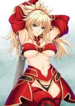  1girl alternate_breast_size armor armpits bandeau blonde_hair braid breasts fate/grand_order fate_(series) faulds french_braid green_eyes hair_ornament hair_scrunchie highres holding holding_sword holding_weapon isse large_breasts mordred_(fate) navel red_legwear red_scrunchie scrunchie shrug_(clothing) solo sword thighhighs thong underboob underwear weapon 