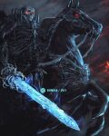  1boy 2021 armor artist_name berserk cape dated english_commentary glowing glowing_eyes glowing_weapon helmet highres horse horseback_riding plate_armor red_eyes riding shield shimhaq skeleton skull_knight_(berserk) solo sword sword_of_resonance weapon 