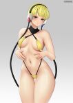  1girl absurdres bangs blonde_hair blue_eyes breasts brikot closed_mouth collarbone elesa_(pokemon) expressionless fingernails groin hands_on_own_stomach headphones highres looking_at_viewer medium_breasts navel pokemon pokemon_(game) pokemon_bw shiny shiny_skin short_hair slingshot_swimsuit solo stomach swimsuit thigh_gap twitter_username 