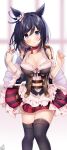  1girl :o animal_ears bangs bare_shoulders black_hair black_legwear blue_eyes blurry blurry_background blush breasts cleavage depth_of_field detached_sleeves eishin_flash_(umamusume) eyebrows_visible_through_hair feet_out_of_frame frilled_skirt frills hair_between_eyes hands_up head_tilt holding holding_tray horse_ears layered_sleeves long_sleeves medium_breasts omuretsu parted_lips puffy_short_sleeves puffy_sleeves shirt short_over_long_sleeves short_sleeves signature skirt solo striped thighhighs tray umamusume vertical-striped_skirt vertical_stripes white_shirt wide_sleeves 