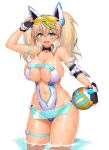  1girl :d absurdres aqua_eyes arm_strap arm_up armpits asamura_hiori ball bangs bare_shoulders bikini_tan black_gloves blonde_hair blush breasts cleavage clothing_cutout collarbone commentary_request cowboy_shot elbow_pads eyebrows_visible_through_hair eyewear_on_head fingerless_gloves gene_(pso2) gloves green_hair groin hair_between_eyes headgear highres holding holding_ball large_breasts long_hair looking_at_viewer multicolored_hair navel open_mouth phantasy_star phantasy_star_online_2 sidelocks simple_background single_elbow_pad skindentation smile solo standing stomach stomach_cutout strapless strapless_swimsuit streaked_hair sunglasses swimsuit tan tanlines thigh_strap twintails two-tone_hair volleyball wading water wet white_background white_swimsuit 