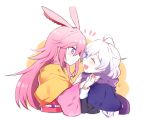  2girls :d animal_ears antenna_hair bangs braid braided_ponytail closed_eyes closed_mouth fox_ears hair_between_eyes holding_hands honkai_(series) honkai_impact_3rd japanese_clothes jin2 kallen_kaslana kimono long_hair long_sleeves looking_at_another multiple_girls open_mouth orange_background pink_hair pink_kimono purple_eyes scarf smile two-tone_background white_background white_hair yae_sakura yuri 