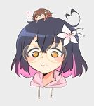  2girls ahoge bangs black_hair blush brown_hair chibi english_commentary flower glasses grey_background hair_flower hair_ornament hana_macchia hana_macchia_(artist) heart heart_hair hood hoodie lilypichu multiple_girls nijisanji nijisanji_id offlinetv on_head pink_hoodie portrait round_eyewear short_hair smile virtual_youtuber white_flower 