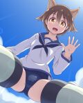  1girl animal_ears blue_swimsuit blush breasts brown_eyes brown_hair cameltoe collarbone crotch dog_ears dress eyebrows_visible_through_hair flying from_below highres looking_at_viewer miyafuji_yoshika open_mouth sailor_dress school_swimsuit shiny shiny_hair shiny_skin short_hair sky small_breasts smile solo spread_legs strike_witches striker_unit swimsuit world_witches_series yosuzu 