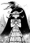  1girl 1other bare_shoulders commentary detached_sleeves dress english_commentary greyscale hands_up hat highres horns interlocked_fingers long_sleeves monochrome monster original parted_lips standing y_naf 