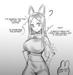  2girls amiya_(arknights) animal_ears arknights dobermann_(arknights) dog_ears english_text fang greyscale hands_on_hips hikimayu long_hair looking_at_viewer minkye mole mole_under_eye monochrome multiple_girls 