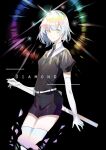  1other absurdres androgynous belt black_background black_hair black_neckwear character_name commentary diamond_(houseki_no_kuni) elbow_gloves english_commentary english_text engrish_commentary gem_uniform_(houseki_no_kuni) gloves highres houseki_no_kuni looking_at_viewer multicolored multicolored_hair necktie rainbow_hair sheath sheathed shirt short_hair short_sleeves shorts simple_background smile solo sparkle sumery thighhighs white_gloves white_legwear 