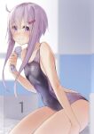  1girl bangs bare_arms bare_shoulders black_swimsuit breasts commentary covered_navel eyebrows_visible_through_hair eyes_visible_through_hair grin hair_between_eyes hair_ornament hairclip hat highres holding holding_clothes holding_hat indoors kanzen_bouon long_hair looking_at_viewer one-piece_swimsuit purple_eyes purple_hair purple_headwear sitting small_breasts smile solo swim_cap swim_cap_removed swimsuit vocaloid voiceroid yuzuki_yukari 