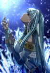  1girl bare_shoulders blue_dress blurry crying delsaber depth_of_field dress fire_emblem fire_emblem:_the_blazing_blade hair_ornament highres ice light_blue_hair long_hair looking_up ninian_(fire_emblem) red_eyes shawl sparkle 