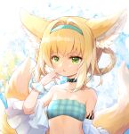  1girl absurdres animal_ears arknights bangs bare_shoulders blonde_hair braid choker collarbone commentary_request detached_sleeves eyebrows_visible_through_hair fox_ears fox_girl fox_tail green_eyes hair_between_eyes hairband hehehzb highres infection_monitor_(arknights) kyuubi long_hair looking_at_viewer multiple_tails oripathy_lesion_(arknights) parted_lips sidelocks solo suzuran_(arknights) swimsuit tail twin_braids upper_body wide_sleeves 