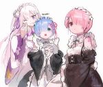  3girls :d ;) artist_name bangs black_dress black_ribbon blue_eyes blue_hair commentary copyright_name detached_sleeves dress emilia_(re:zero) frills grey_hair hair_ornament hair_over_one_eye hair_ribbon highres holding holding_tray long_hair looking_at_viewer maid multiple_girls neck_ribbon one_eye_closed open_mouth pale_skin pink_hair pink_ribbon ram_(re:zero) re:zero_kara_hajimeru_isekai_seikatsu rem_(re:zero) ribbon roswaal_mansion_maid_uniform shiny shiny_hair short_hair siblings simple_background sisters smile surusuru tray twins white_background white_dress white_hair wide_sleeves x_hair_ornament 