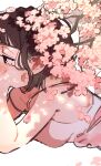  0_05kmgrn 1girl absurdres bangs bare_arms black_eyes branch brown_hair camisole cherry_blossoms commentary_request elbow_rest falling_petals highres lying on_stomach original petals pink_camisole short_hair solo spaghetti_strap upper_body 