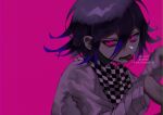  1boy bangs black_hair checkered checkered_neckwear checkered_scarf commentary_request danganronpa_(series) danganronpa_v3:_killing_harmony grey_jacket hair_between_eyes hands_up jacket joh_pierrot long_sleeves looking_at_viewer lower_teeth male_focus open_mouth ouma_kokichi pink_background pink_eyes purple_eyes purple_hair scarf shiny shiny_hair simple_background solo teeth tongue tongue_out twitter_username upper_body 
