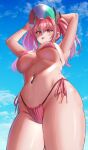  1girl absurdres armpits arms_up azur_lane ball bangs bare_shoulders beachball bikini blue_sky blush breasts bremerton_(azur_lane) cleavage cloud commentary covered_nipples cowboy_shot day eyebrows_visible_through_hair glint grey_hair groin hair_between_eyes hair_intakes hair_ornament highres holding holding_ball large_breasts long_hair looking_at_viewer multicolored_hair navel navel_piercing no_mole piercing pink_bikini pink_eyes pink_hair side-tie_bikini sidelocks sky smile solo standing stomach streaked_hair swimsuit toin_(koto54576897) twintails two-tone_hair underboob 