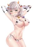  1girl animal_ears animal_print armpits arms_behind_head bangs bell bikini bow breasts closed_mouth covered_nipples cow_ears cow_horns cow_print cowbell cowboy_shot elbow_gloves eyebrows_visible_through_hair gloves green_eyes groin hair_bow hololive horns large_breasts light_blush looking_at_viewer micro_bikini navel nikoo raised_eyebrows shirogane_noel side-tie_bikini silver_hair simple_background skindentation string_bikini swimsuit thighs underboob untied untied_bikini virtual_youtuber white_background 