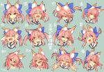  1girl angry animal_ear_fluff animal_ears bad_link blue_ribbon blush closed_eyes closed_mouth collarbone embarrassed eyebrows_visible_through_hair fang fate/extella fate/extra fate/extra_ccc fate/grand_order fate_(series) fox_ears fox_girl hair_ribbon heart highres japanese_clothes looking_at_viewer music musical_note open_mouth pink_hair ribbon shaded_face shy singing skin_fang solo staring surprised sweat tamamo_(fate) tamamo_no_mae_(fate/extra) translation_request wisespeak yellow_eyes 