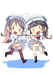  2girls 61cm_triple_(oxygen)_torpedo_mount anchor_symbol braid brown_hair clothes_lift commentary_request dixie_cup_hat fairy_(kancolle) full_body gradient_hair hat highres kantai_collection kneehighs lifted_by_self military_hat multicolored_hair multiple_girls nassukun open_mouth panties pink_panties purple_hair purple_legwear school_uniform serafuku single_braid skirt skirt_lift sleeves_past_fingers sleeves_past_wrists thighhighs underwear white_headwear white_panties 