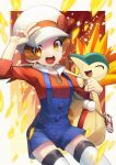  1girl :d blue_overalls bow brown_eyes brown_hair cabbie_hat commentary_request cyndaquil gen_2_pokemon hat hat_bow highres long_hair lyra_(pokemon) open_mouth pokegear pokemon pokemon_(creature) pokemon_(game) pokemon_hgss red_bow red_shirt shirt smile thighhighs tongue twintails upper_teeth v white_headwear white_legwear yamanashi_taiki yellow_bag 