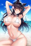  1girl animal_ears armpits arms_behind_head arms_up atago_(azur_lane) atago_(midsummer_march)_(azur_lane) azur_lane bangs bare_shoulders beach bikini black_hair blue_sky blush breasts choker cleavage closed_mouth cloud collarbone commentary_request cowboy_shot day dog_ears extra_ears eyebrows_visible_through_hair flower groin hair_between_eyes hair_flower hair_ornament hair_ribbon head_tilt highleg highleg_bikini highres large_breasts long_hair looking_at_viewer mole mole_under_eye navel ocean outdoors partial_commentary ribbon shadow sidelocks sitting sky smile solo stomach swept_bangs swimsuit underboob white_bikini white_choker white_ribbon yellow_eyes yukinimaru 