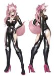  1girl animal_ear_fluff animal_ears ass black_bodysuit blush bodysuit boots breasts center_opening choker cleavage collarbone eyebrows_visible_through_hair fate/grand_order fate_(series) fox_ears fox_girl fox_tail glasses hair_ribbon high_heel_boots high_heels highres knee_boots koyanskaya_(fate) large_breasts latex latex_bodysuit long_hair looking_at_viewer looking_back pink_hair ribbon ribbon_choker side_ponytail skin_tight solo tail tamamo_(fate) transparent_background volyz white-framed_eyewear yellow_eyes 