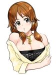  1girl bare_shoulders black_shirt breasts brown_eyes brown_hair cleavage earrings heart heart_earrings heart_necklace idolmaster idolmaster_cinderella_girls jewelry katagiri_sanae large_breasts looking_at_viewer low_twintails necklace parted_lips shirt simple_background solo tachibana_roku twintails upper_body white_background 
