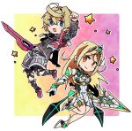  1boy 1girl armor bangs bare_shoulders blonde_hair blue_eyes breasts chibi dress earrings gem gloves headpiece jewelry large_breasts long_hair looking_at_viewer monado mugimugis mythra_(xenoblade) open_mouth short_hair shulk_(xenoblade) simple_background smile super_smash_bros. swept_bangs sword tiara very_long_hair vest weapon xenoblade_chronicles xenoblade_chronicles_(series) xenoblade_chronicles_2 yellow_eyes 