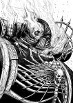  1boy adeptus_astartes armor burning commentary english_commentary full_armor greyscale highres looking_at_viewer monochrome pauldrons shoulder_armor solo space_marine upper_body warhammer_40k y_naf 