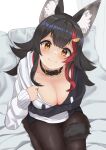  1girl absurdres animal_collar animal_ears black_hair blush breasts cleavage collar ears highres hololive hood hoodie jacket looking_at_viewer micon multicolored_hair on_bed ookami_mio open_clothes open_jacket pantyhose sitting smile tail two-tone_hair wolf_ears wolf_girl wolf_tail yellow_eyes 