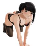  1girl :d all_fours areola_slip areolae asymmetrical_hair bangs bare_arms bare_shoulders black_bra black_garter_belt black_garter_straps black_hair black_legwear blunt_bangs blush bra breasts brown_eyes collarbone ear_piercing floral_print garter_belt garter_straps highres looking_at_viewer no_panties open_mouth original piercing ponytail simple_background skindentation small_breasts smile solo strap_slip tama_(seiga46239239) teeth thighhighs underwear underwear_only white_background 