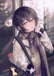  1girl bag black_hair brown_coat brown_eyes brown_scarf coat commentary d4dj giraffe_three hand_up highres long_sleeves looking_at_viewer miyake_aoi open_clothes open_coat outdoors parted_lips plaid plaid_scarf scarf short_hair shoulder_bag sleeves_past_wrists solo upper_body 