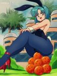  1girl :d animal_ears bangs bare_shoulders black_leotard blue_eyes blue_hair blue_legwear bluethebone bow bowtie breasts building bulma commentary day dragon_ball dragon_ball_(object) english_commentary fake_animal_ears fake_tail full_body highres leotard medium_breasts open_mouth outdoors pantyhose patreon_username playboy_bunny rabbit_tail red_bow red_footwear red_neckwear short_hair smile solo strapless strapless_leotard strappy_heels tail tree upper_teeth wrist_cuffs 