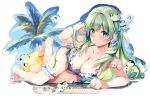  1girl arm_support arm_up ball bangs beach beachball bikini bird blue_bikini blue_eyes blue_sky blush breasts cleavage closed_mouth collarbone day dot_nose eyebrows_visible_through_hair frilled_bikini frilled_legwear frills frog frog_hair_ornament front-tie_bikini front-tie_top full_body green_eyes green_hair groin hair_ornament hair_tubes halterneck hand_in_hair kochiya_sanae large_breasts lens_flare long_hair looking_at_viewer lying miyase_mahiro ocean on_side outdoors palm_tree sand seagull seashell shell side-tie_bikini single_thighhigh sky smile snake solo string_bikini striped striped_bikini swimsuit thigh_strap thighhighs touhou tree water water_drop waves wet 