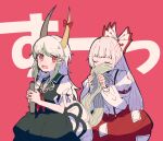  2girls bangs bow breasts cleavage closed_eyes dress ex-keine fujiwara_no_mokou green_dress green_hair hair_bow holding holding_scroll holding_tail horn_bow horn_ornament horns itomugi-kun kamishirasawa_keine long_hair long_sleeves looking_at_viewer multicolored_hair multiple_girls open_mouth pants pink_background red_bow red_eyes red_neckwear red_pants scroll shirt short_sleeves simple_background sitting smelling suspenders sweatdrop tail touhou two-tone_hair white_bow white_hair white_shirt 