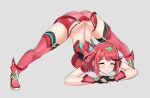  1girl ^_^ bangs black_gloves breasts chest_jewel closed_eyes desspie earrings fingerless_gloves full_body gem gloves guilty_gear happy headpiece highres jack-o&#039;_challenge jewelry large_breasts legs meme pyra_(xenoblade) red_hair red_legwear red_shorts short_hair short_shorts shorts smile solo swept_bangs thighhighs tiara top-down_bottom-up xenoblade_chronicles_(series) xenoblade_chronicles_2 