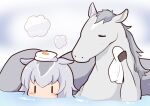  1boy 1girl animal_ears carrot_print closed_eyes commentary creature_and_personification food_print gomashio_(goma_feet) grey_hair holding horse horse_ears horse_girl mixed_bathing multicolored_hair oguri_cap_(racehorse) oguri_cap_(umamusume) onsen steam towel towel_on_head two-tone_hair umamusume wiping |_| 