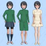  1girl :d bangs bike_shorts black_hair black_shorts blue_background blue_legwear blue_sky blush brown_eyes character_sheet clenched_hands closed_eyes commentary dress embarrassed frown full_body green_jacket green_shorts hair_between_eyes hand_on_hip herikutsu_ryuutsuu_center highres jacket jersey kneehighs multiple_views nose_blush open_mouth original pantyhose plaid plaid_skirt shoes short_hair shorts skirt sky smile sneakers socks standing texture tomboy track_jacket track_suit v-shaped_eyebrows white_dress white_footwear white_legwear 