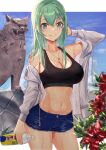  1girl absurdres blue_shorts blush bottle breasts cleavage clothes_writing collarbone cowboy_shot day denim denim_shorts eyebrows_visible_through_hair flower green_eyes green_hair grin hair_between_eyes hair_ornament hairclip hibiscus highres holding holding_bottle jacket kantai_collection large_breasts long_hair long_sleeves navel open_clothes open_jacket red_flower shiisaa short_shorts shorts smile solo statue suzuya_(kancolle) sweat taki_rentaro wet white_jacket 
